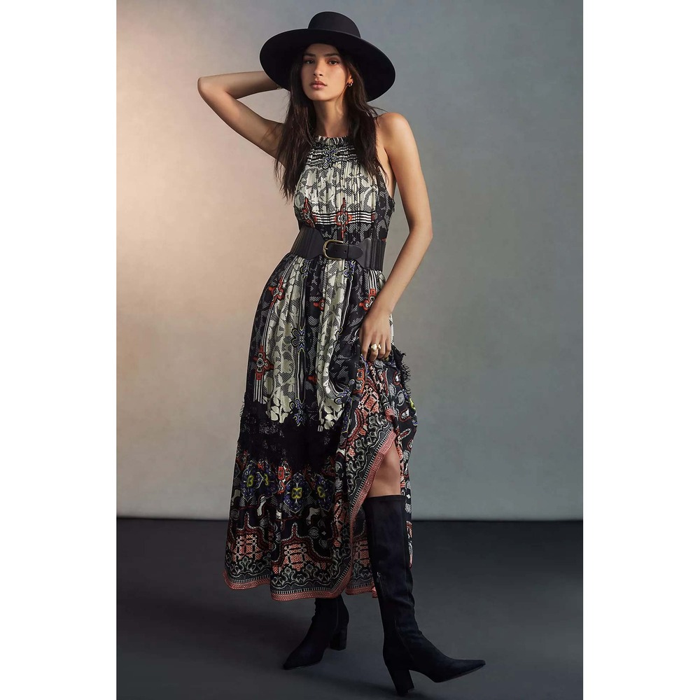 Bhanuni by Jyoti Black Multicolor Tiered Lace Trim Maxi Dress Sz 2 Boho Festival